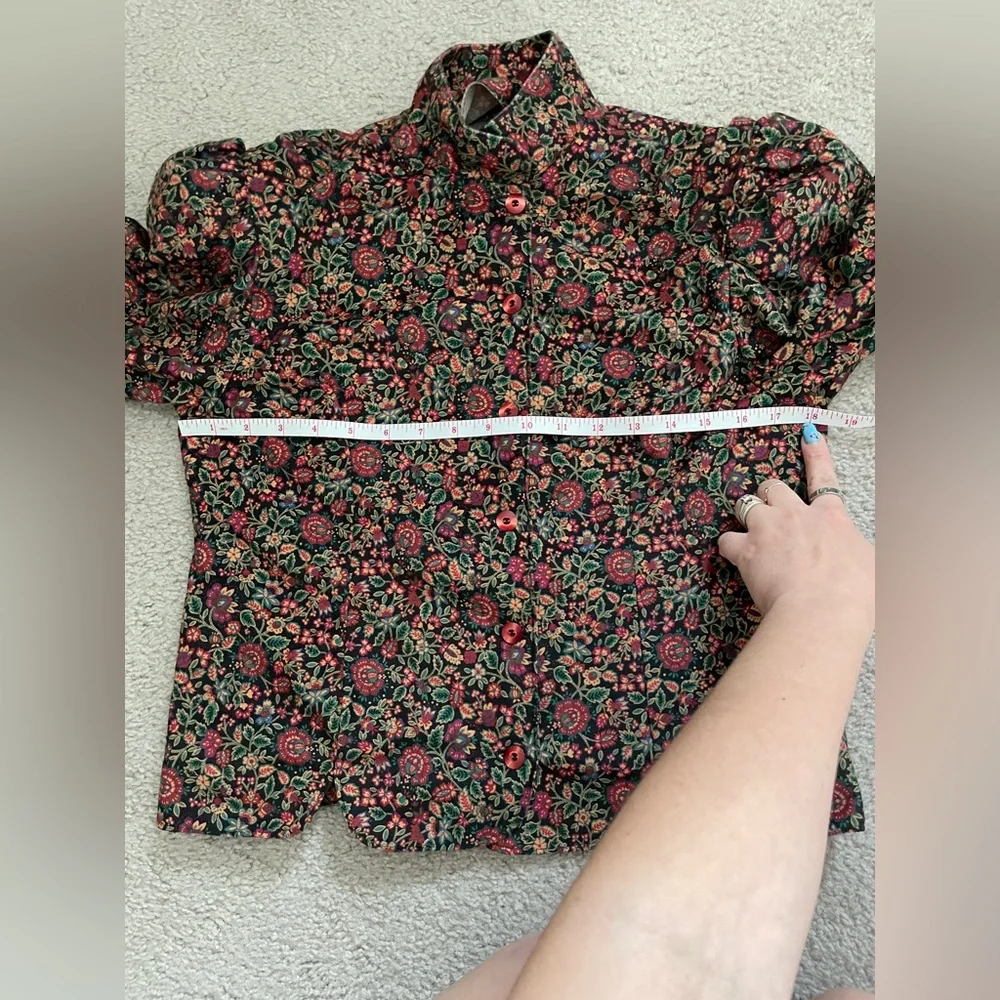 Vintage handmade brown red floral 2 piece set midi skirt and puff sleeve jacket